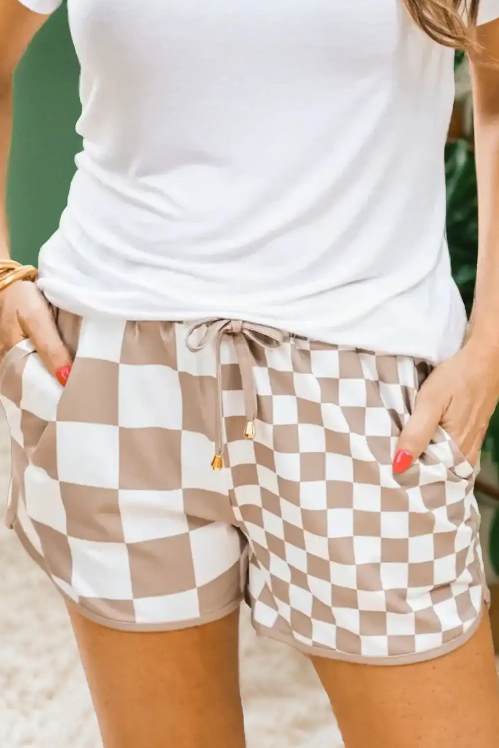 Drawstring Elastic-Waist Checkered Patchwork Casual Shorts