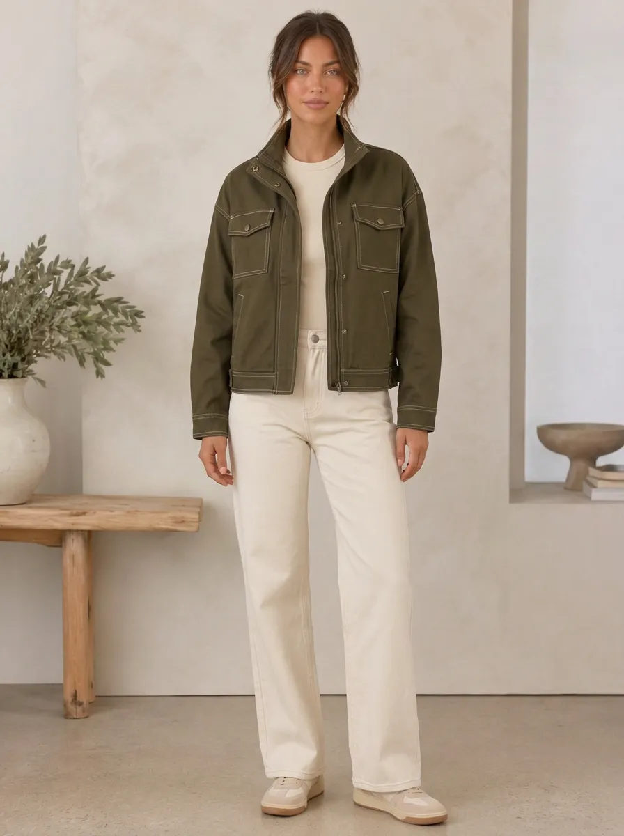Women's Casual Olive Green Contrast Stitching Utility Jacket