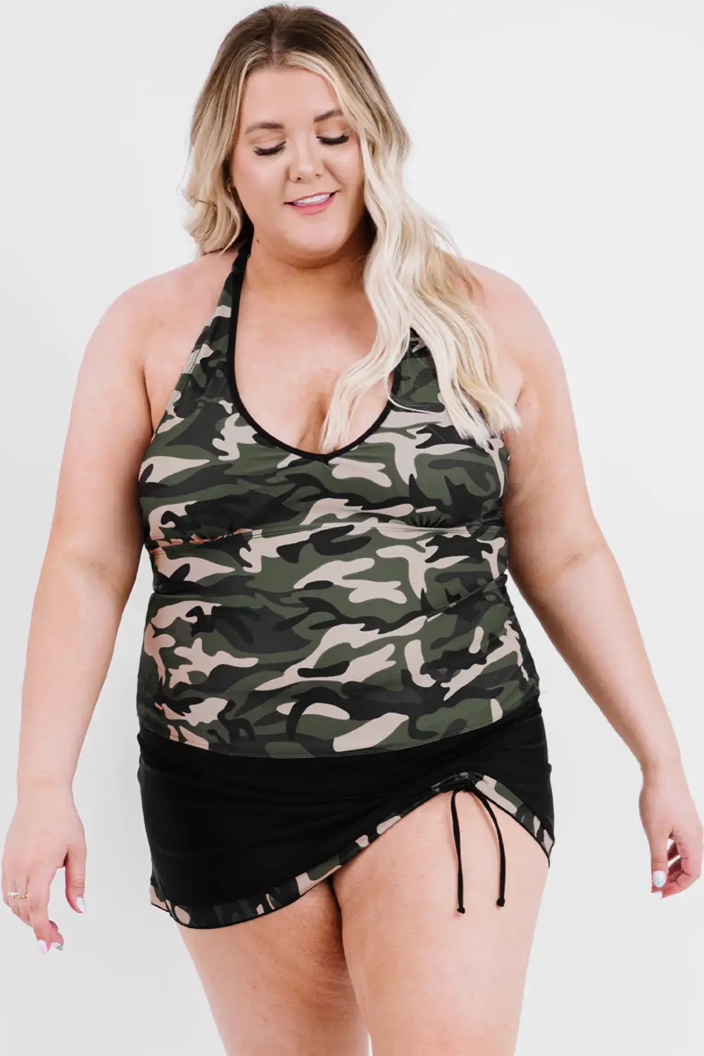 Swimwear Camouflage Drawstring Side Backless Plus Size Tankini Set
