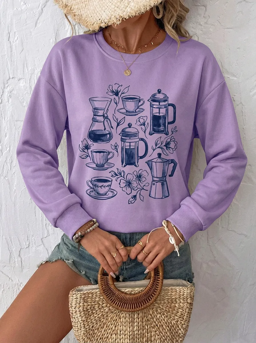 Women's Coffee Lover Floral French Press Printed Sweatshirt