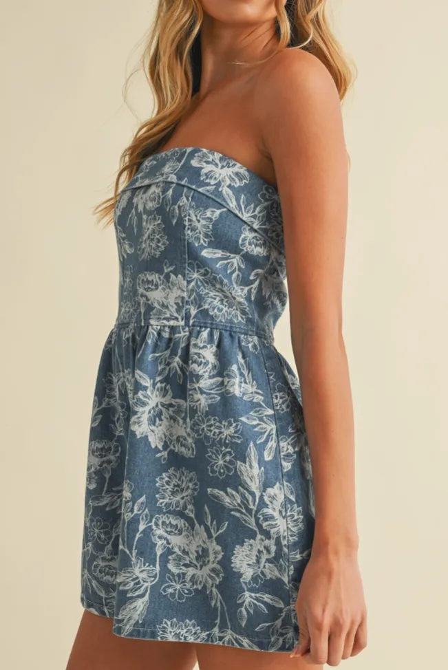 Denim Floral Print Strapless Romper