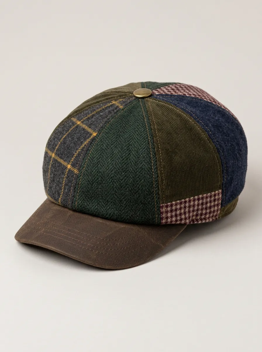 Refined Vintage Newsboy Cap in Herringbone Patchwork