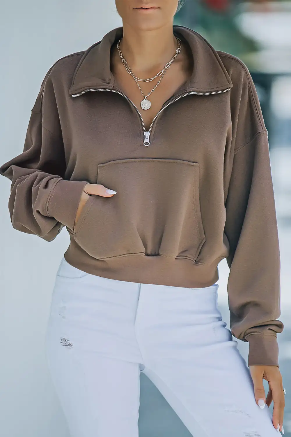 Zipped Turn Down Collar Cropped Pocket Sweatshirt