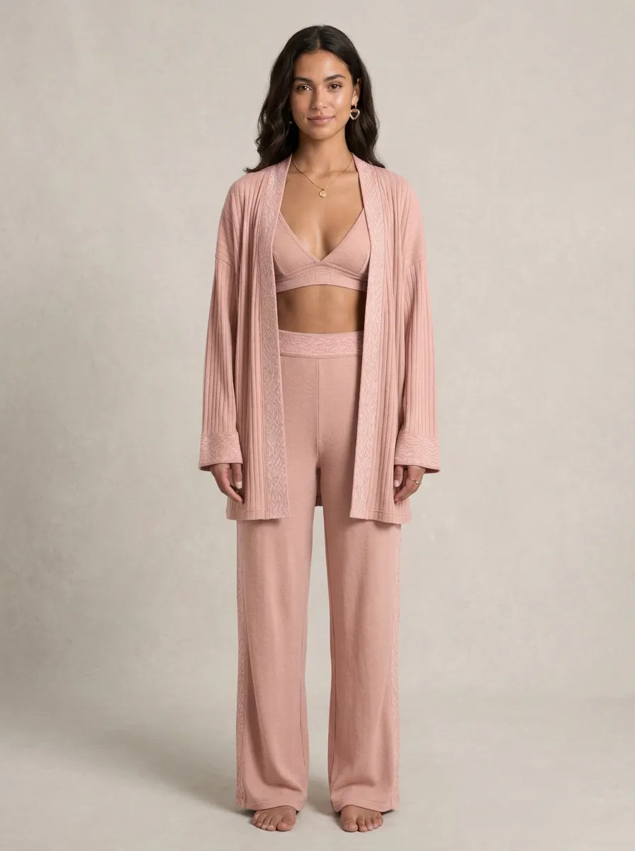 Ribbed Wide Leg Cardigan Lounge Set
