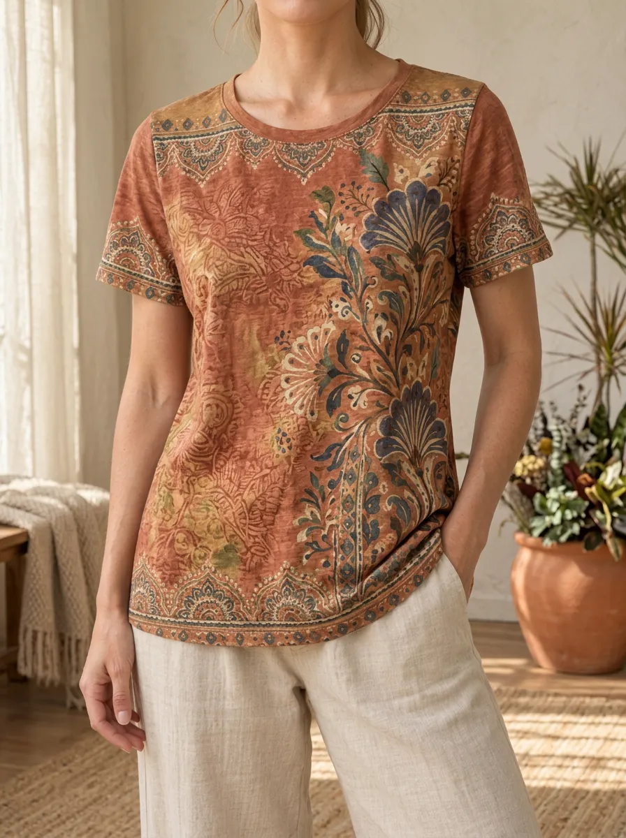 Women's Meadow Bohemian Floral Paisley Crew Neck T-Shirt