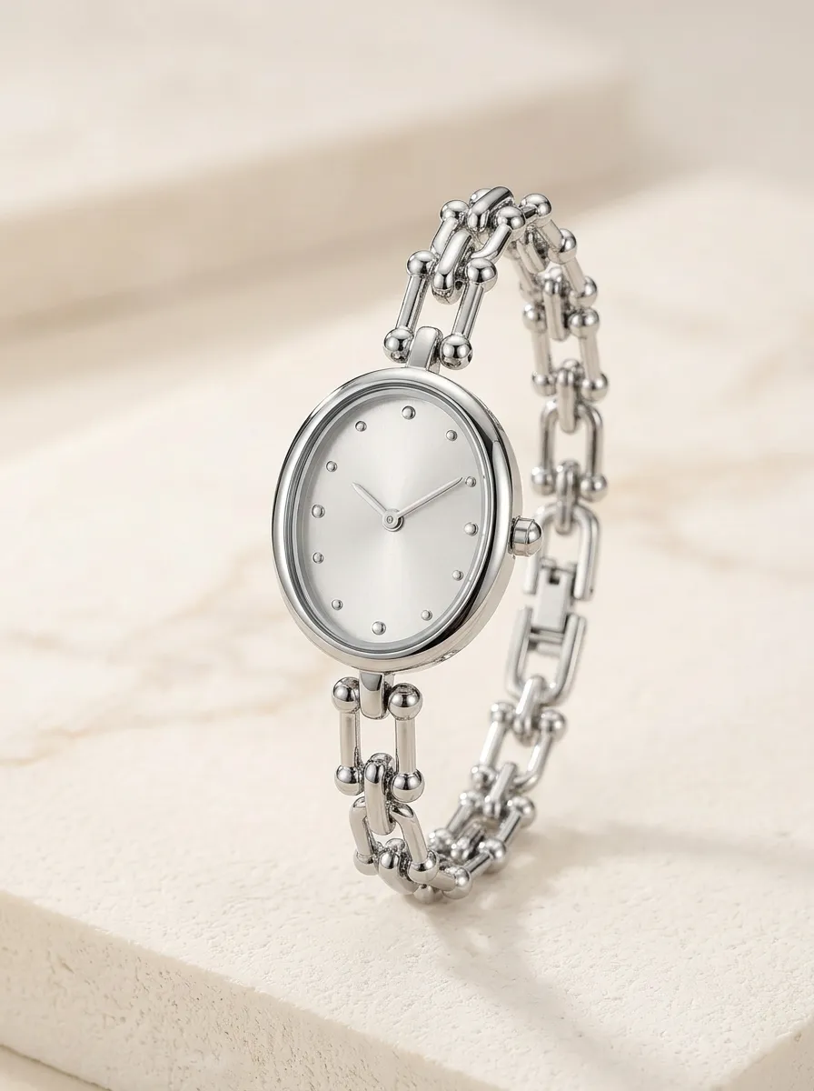 Silver Oval Link-chain Analog Watch