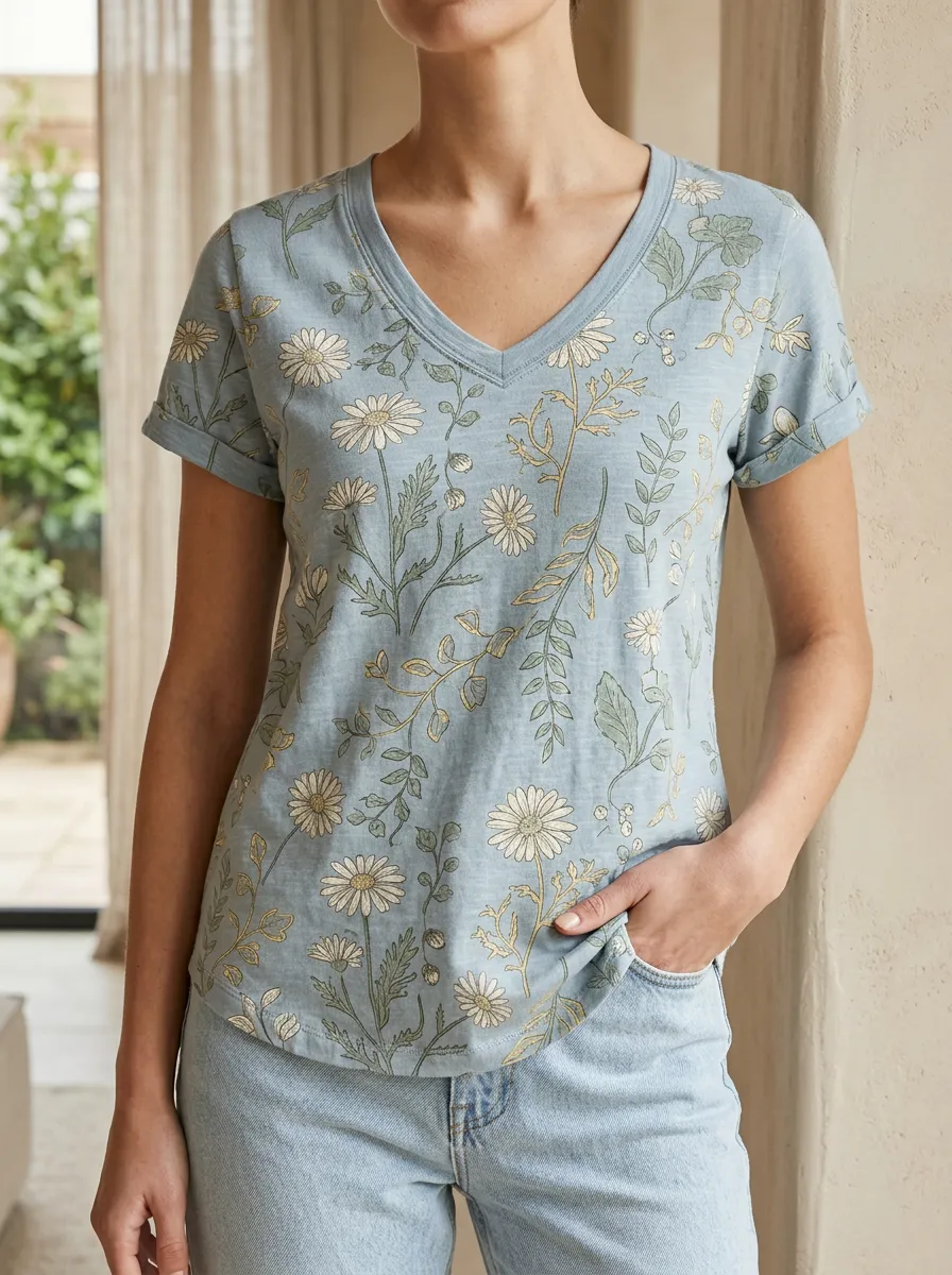 Women's Scenic Floral Nature Lover Daisy Botanical V-Neck T-Shirt
