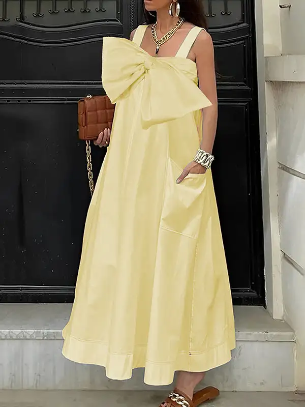 Women's Loose Fit Pocket Patchwork Bow Detail Maxi Dress