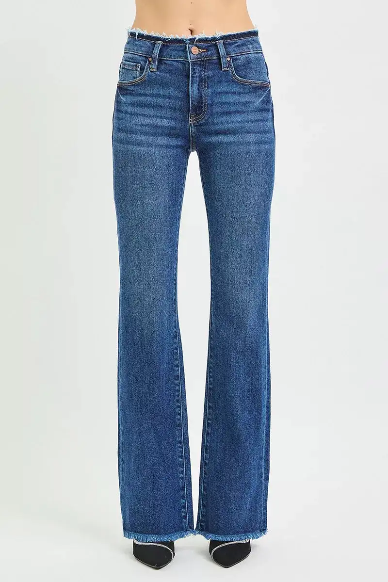 Mid Rise Frayed Hem Bootcut Jeans