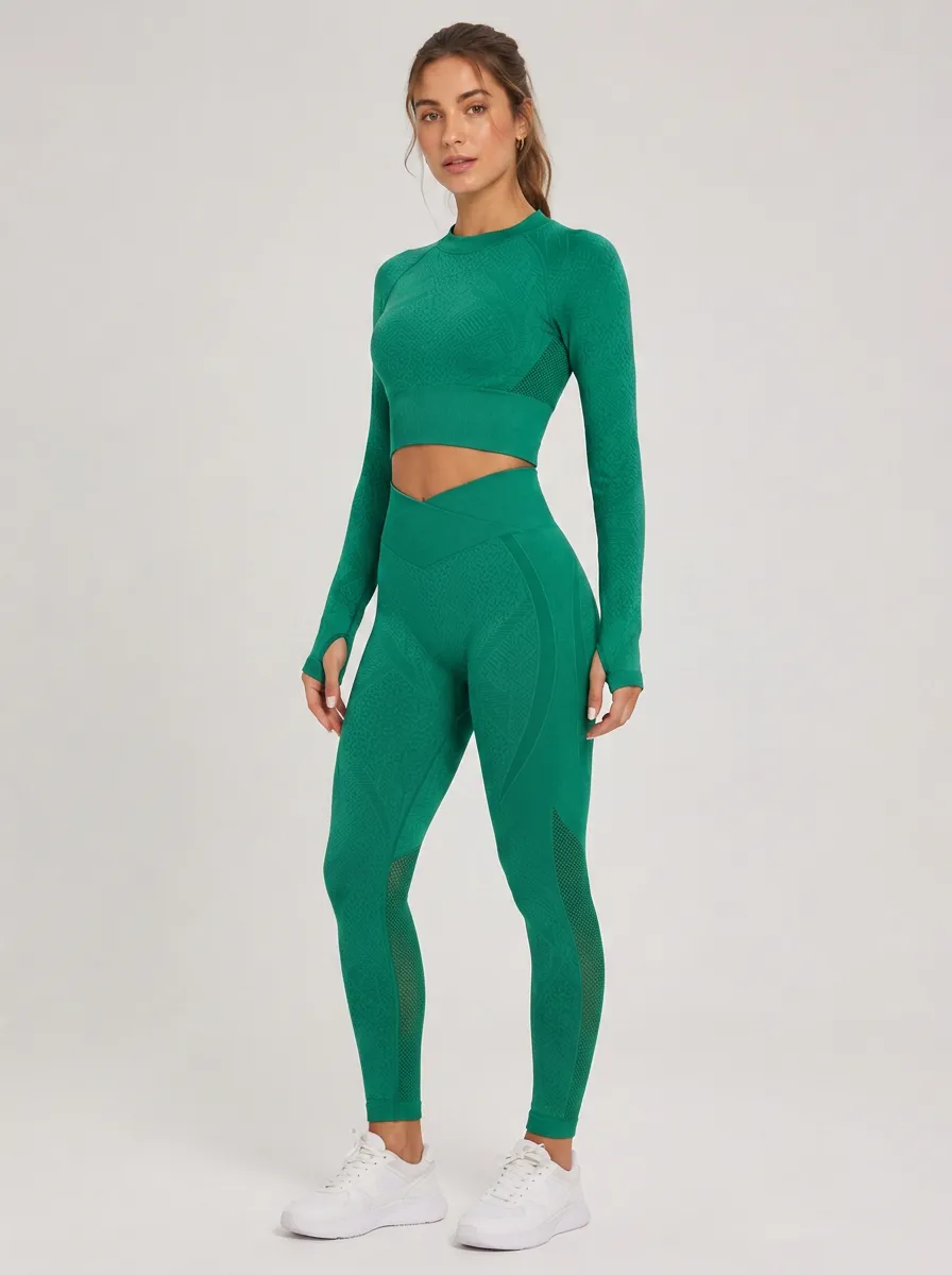 Women's Fitness Gym Lover Green Seamless Textured Printed Yoga Set