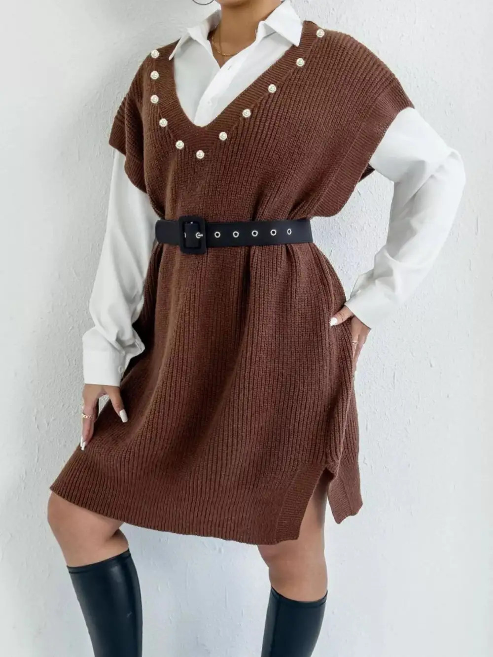 V Neck Slit Sweater Dress