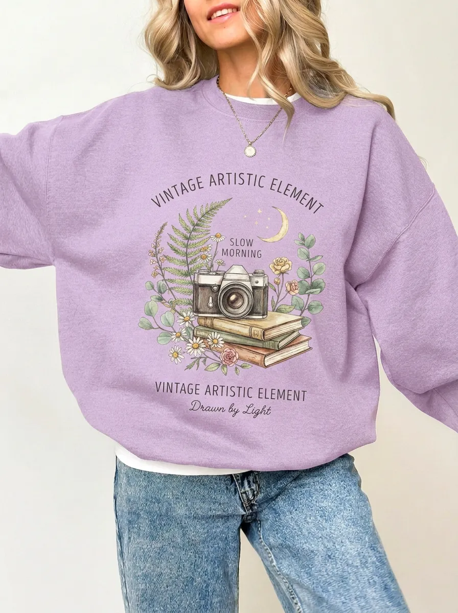 Women's Dark Grey Photography Book Floral Crewneck Sweatshirt