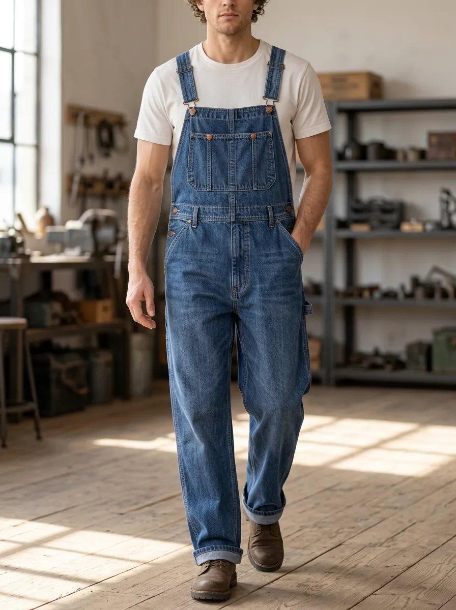 Men's Denim Overalls with Cuffed Hems