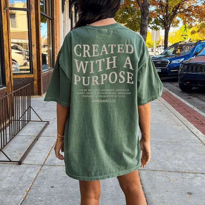 Created With A Purpose Jesus On Back Christian Bible Verse Women's Oversized Comfort T-Shirt Back Print