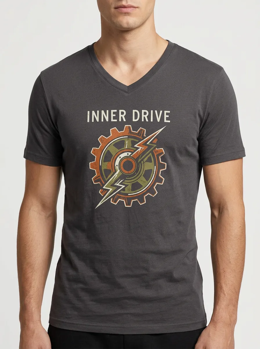 Men's Inner Drive Mechanical Gear Lightning Printed V-Neck T-Shirt