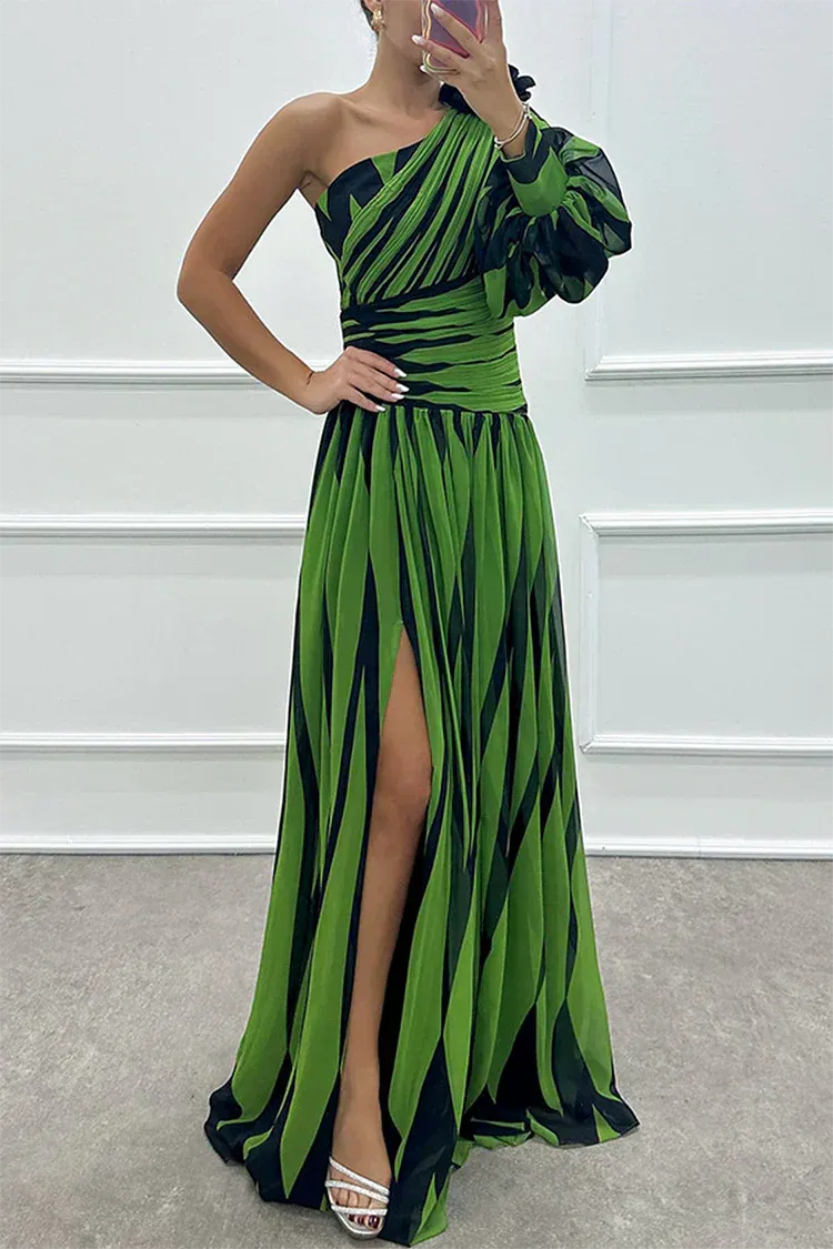 Striped One-Shoulder Woven Maxi Dress