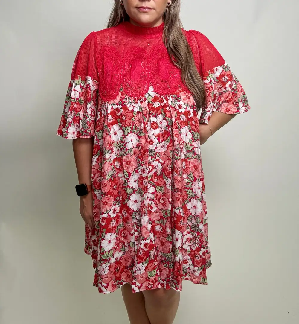 Floral Lace Detail Ruffle Detail Short Sleeve Dress