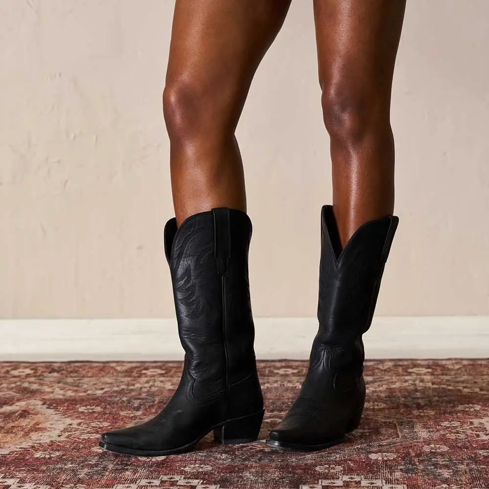 Refined Faux-Leather Embroidered Pointed-Toe Snip-Toe Mid-Calf Boots