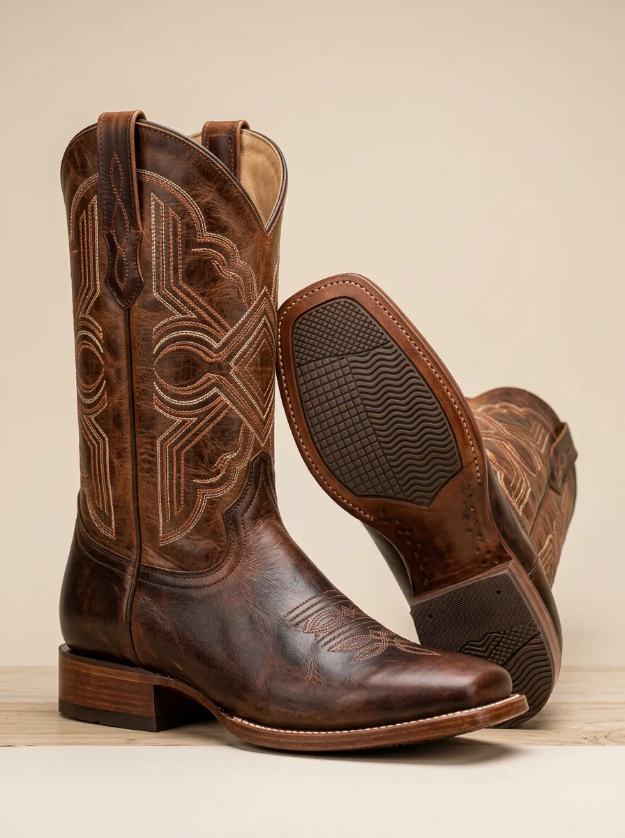 Men's Western Cowboy Distressed Embroidered Square Toe Boots