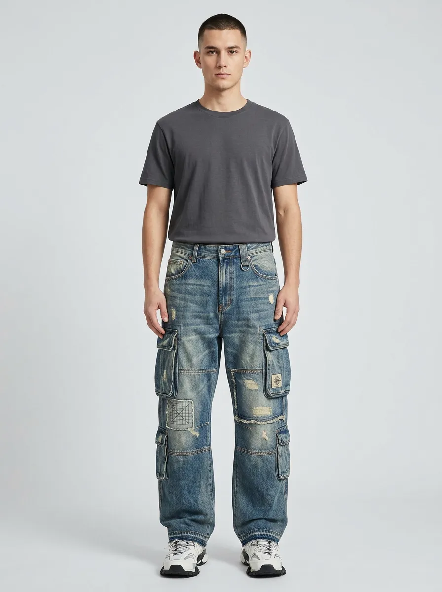Men's Ridge Streetwear Distressed Patchwork Denim Cargo Jeans