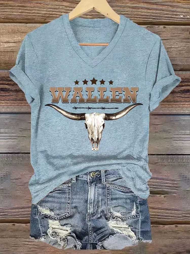 Bull Skull-Themed V-Neck Short-Sleeved T-Shirts