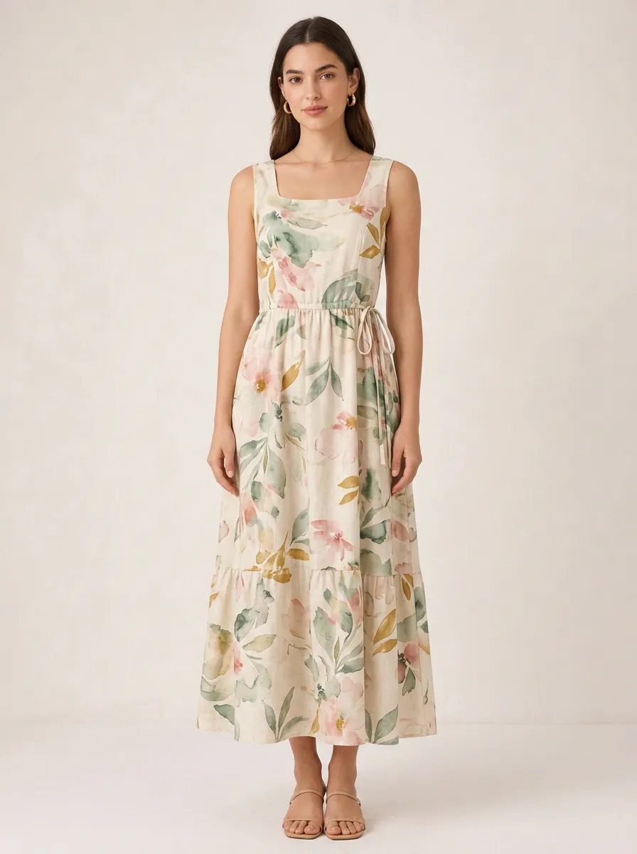 Women's Floral Lover Watercolor Botanical Printed Midi Dress