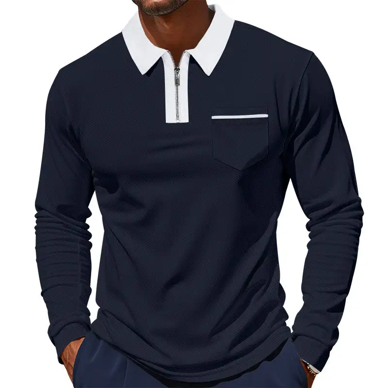 Half Zip Chest Pocket Long Sleeve Jersey Polo Shirt