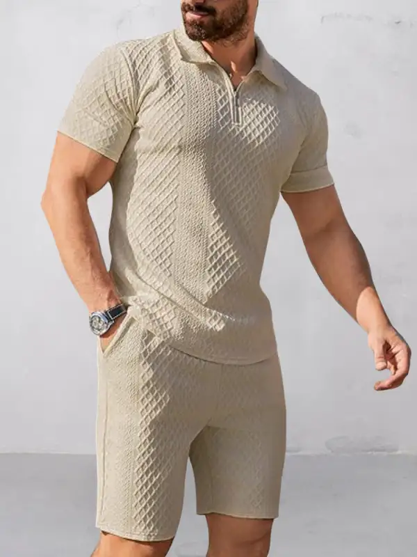 Trendy Textured Polo Shorts Outfit Two Piece Set