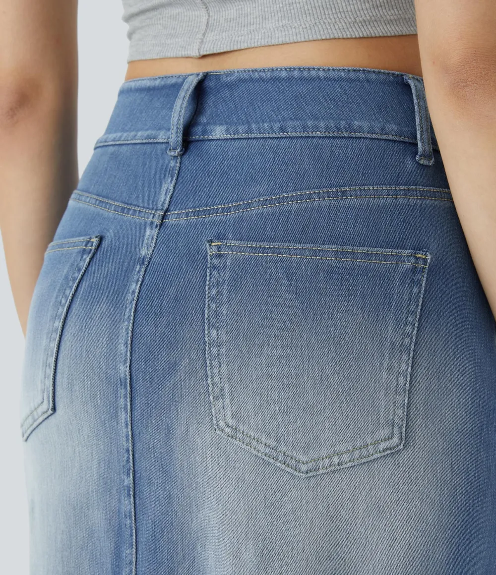 Magic High Waisted Multiple Pockets Bodycon Split Washed Stretchy Knit Denim Casual Midi Skirt