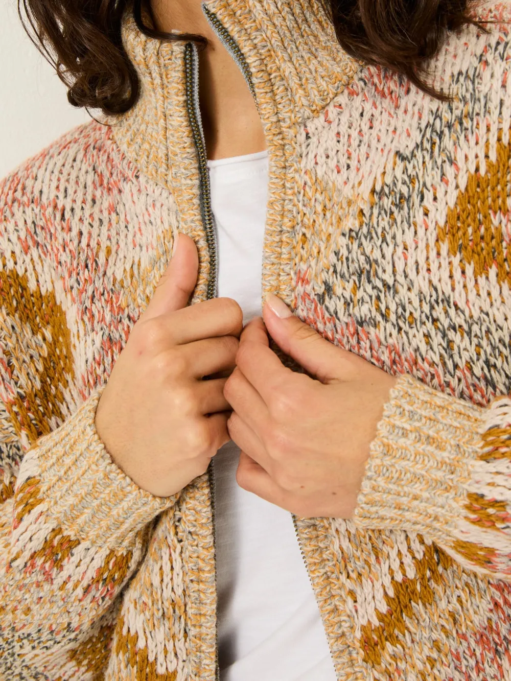 Natural Knitted Zip Through Jackets