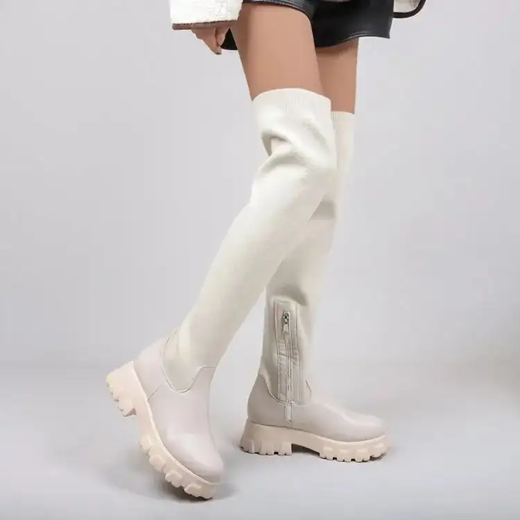 Mesh Round-Toe Square-Heel Knee-High Boots