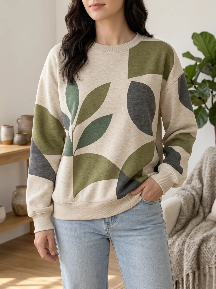 Women's Abstract Leaf Print Crewneck Sweatshirt