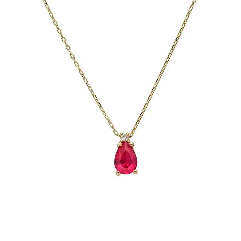 Dainty Diamond and Pear Shape Ruby Solitaire Necklace