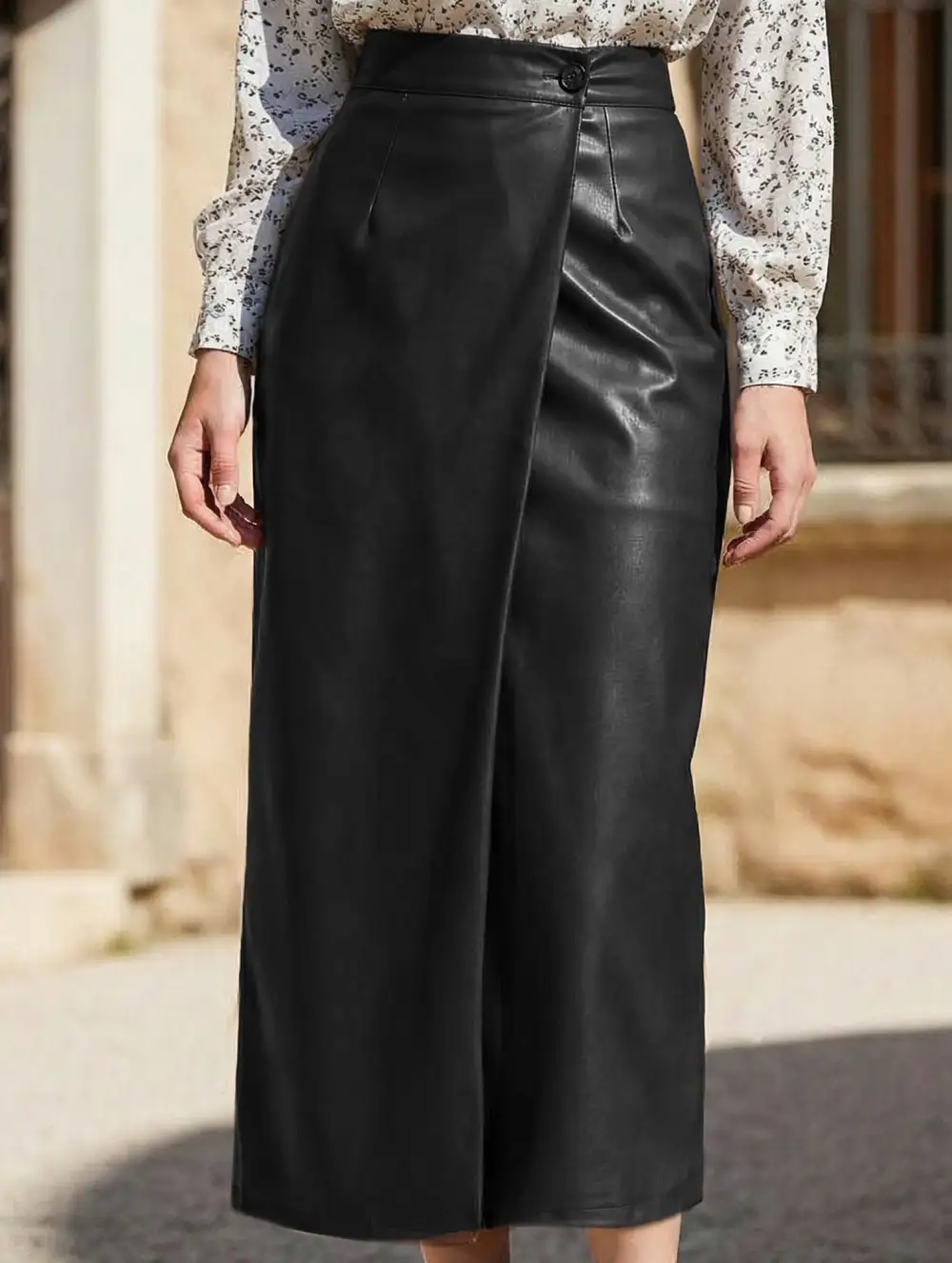 Leather Look Slit Midi Skirt