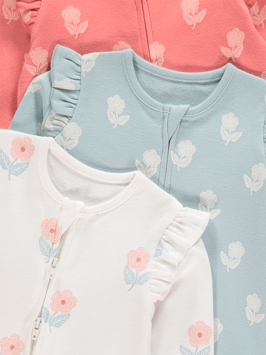 Floral Frill Sleeve Zip Fasten Sleepsuits 3 Pack detail 1