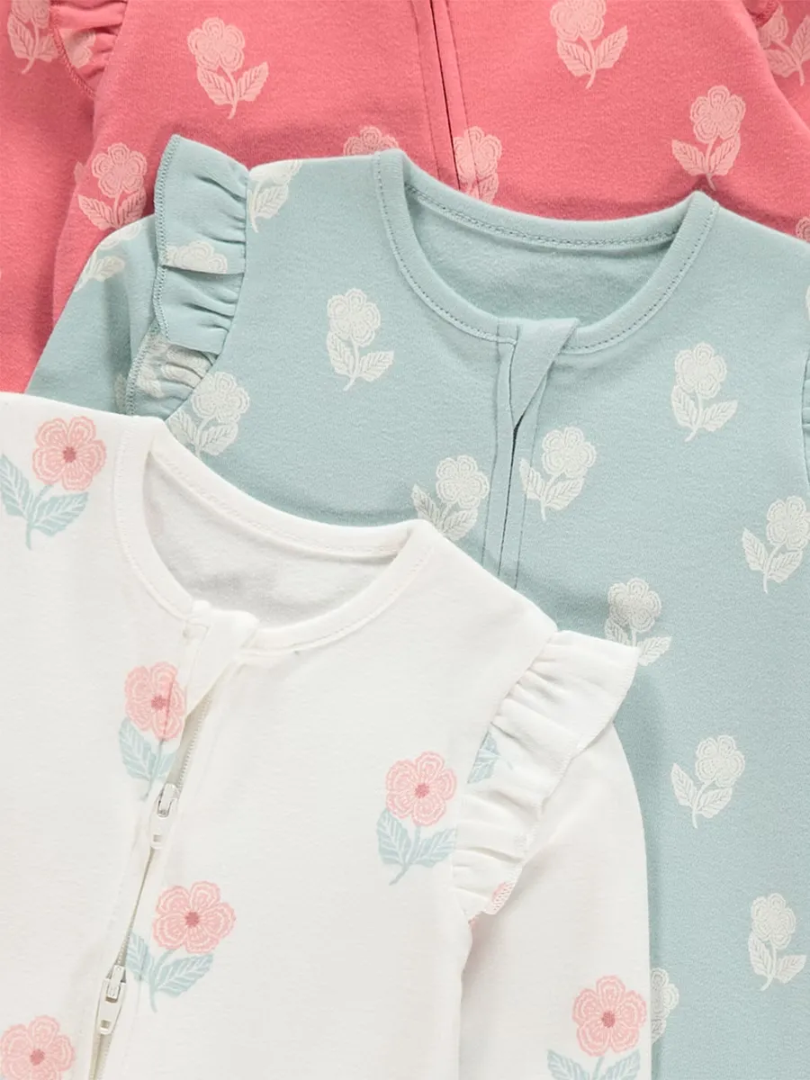 Floral Frill Sleeve Zip Fasten Sleepsuits 3 Pack