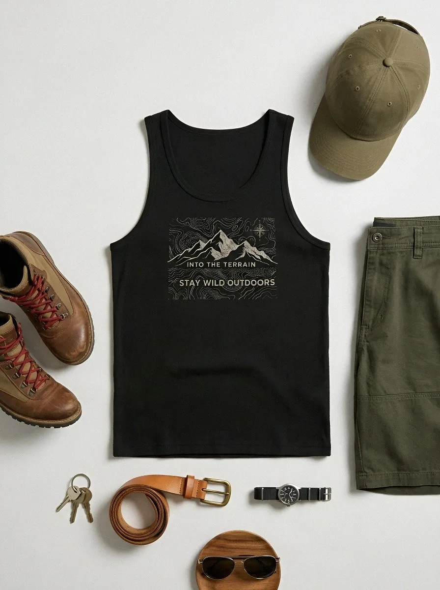 Men's Hiking Outdoor Lover Mountain Topographic Printed Tank Top