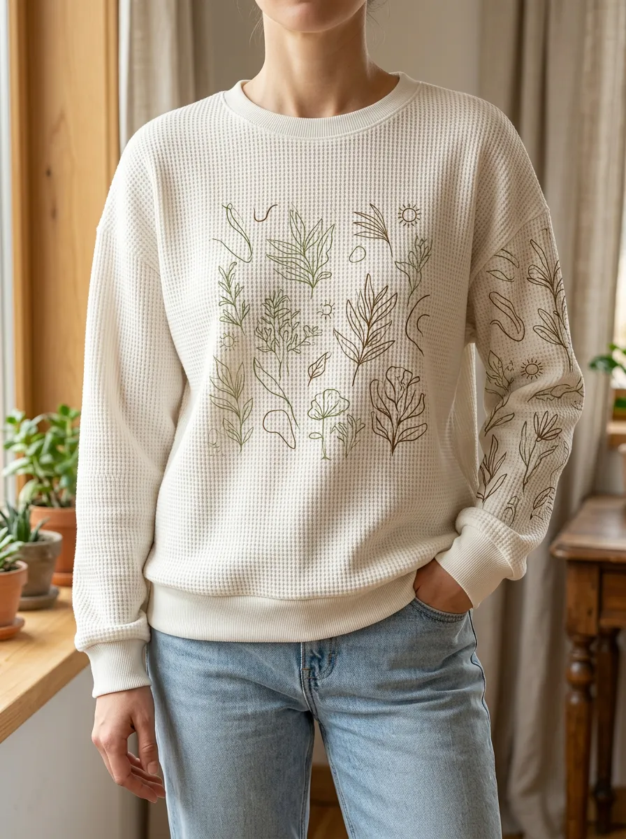 Women's Botanical Line Art Printed Waffle Knit Crewneck Sweatshirt