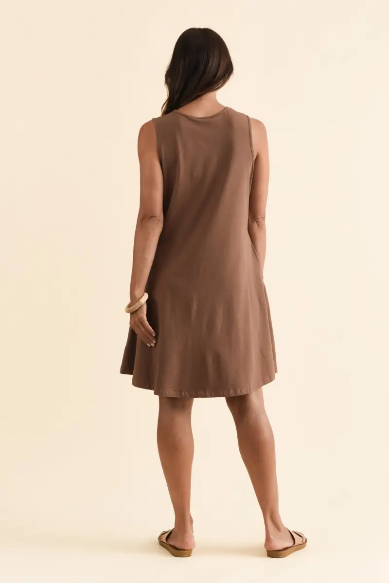 Pocket Above-Knee Cotton Round-Neck Sleeveless A-Line Relaxed Swing Dress