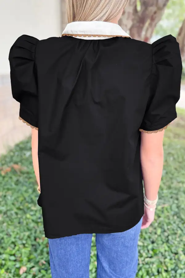 Black Trim Color Block Patchwork Shirt Collar Short Sleeve Blouse