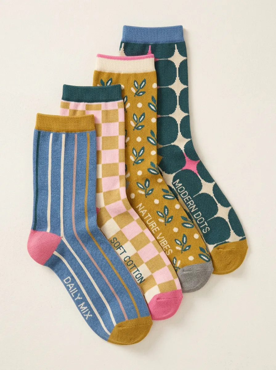 Classic Geometric Floral Retro Four-Pair Casual Socks