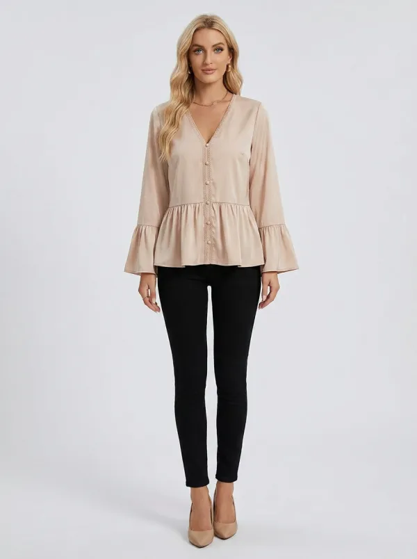 V-Neck Lace Trim Bell Sleeve Buttoned Blouse