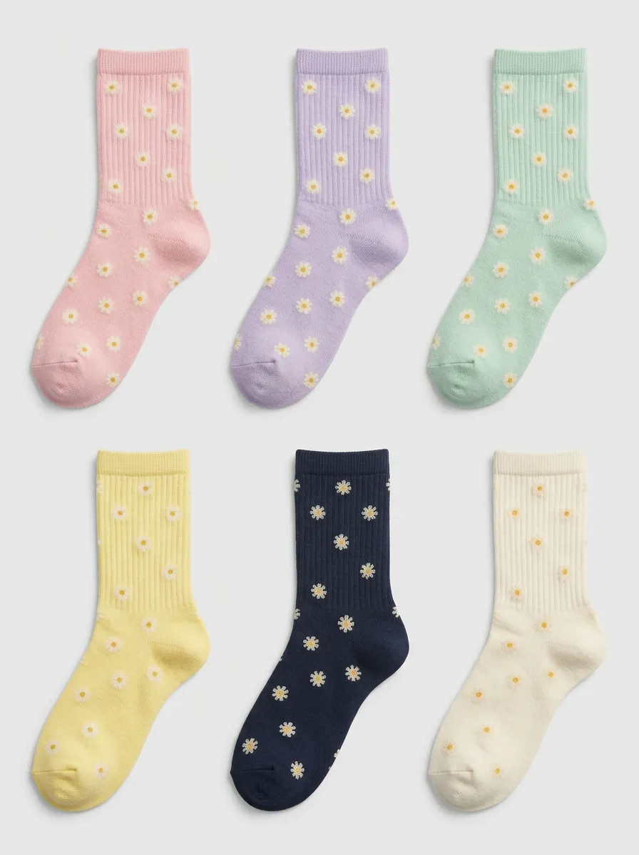 Women's Multicolor Daisy Patterned Ribbed Crew Socks 6-Pack