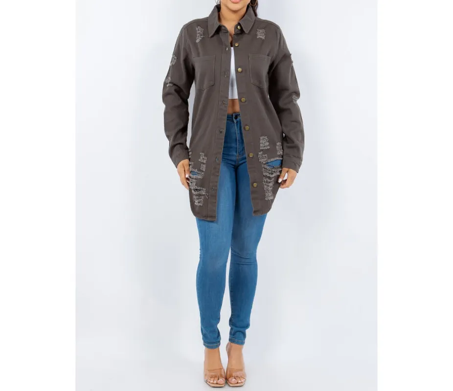 Distressed Button-Up Long-Sleeve Denim Jacket