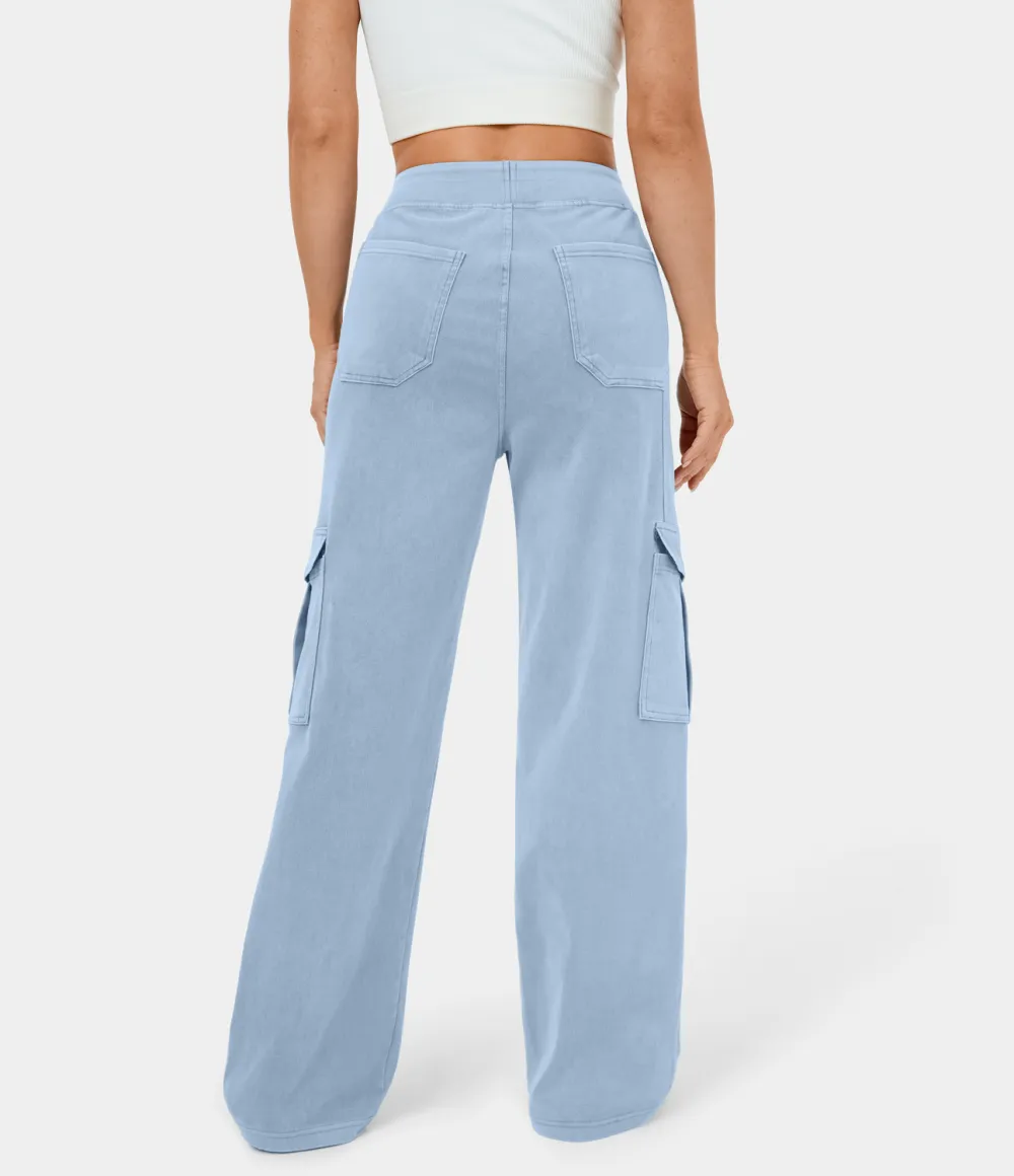 Magic Mid Rise Multiple Pockets Straight Leg Stretchy Knit Casual Cargo Jeans