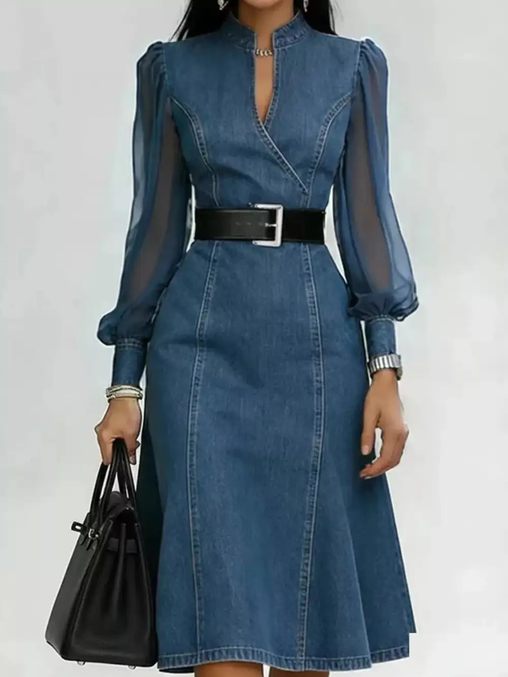 Midi Dress with Sheer Sleeves