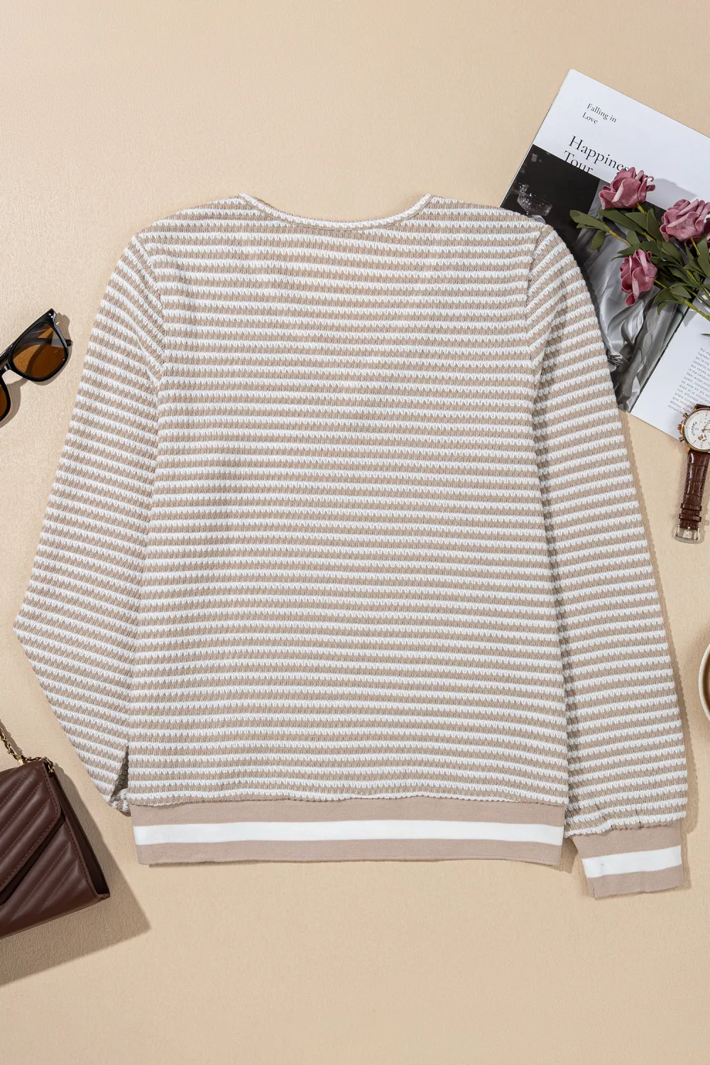 Beige Striped Textured Knit V Neck Top