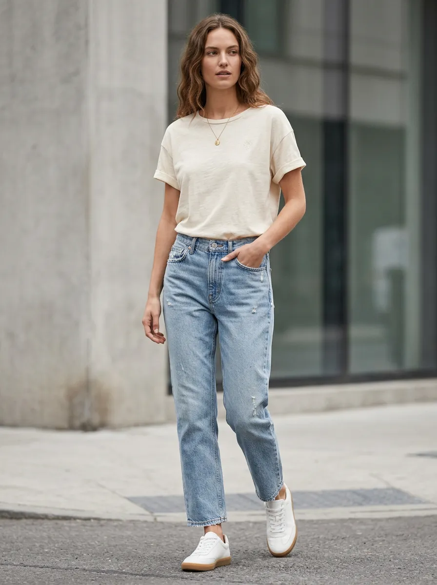 Women's Casual Minimalist Beige T-shirt Distressed Denim Jeans Set