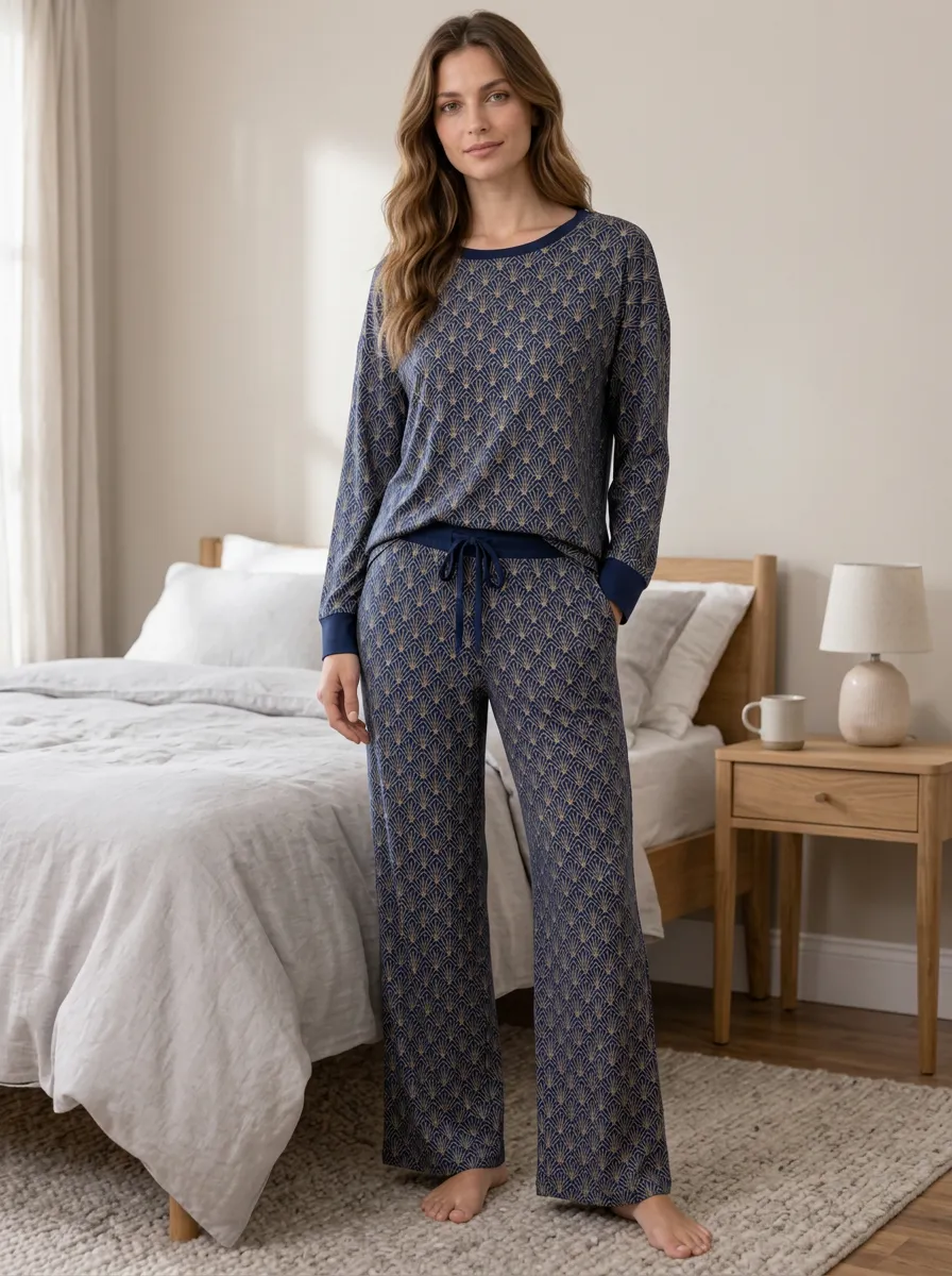 Geometric Crew Neck Long Sleeve Short Sleeve Wide-Leg Pants Women's Printed Pajama Set