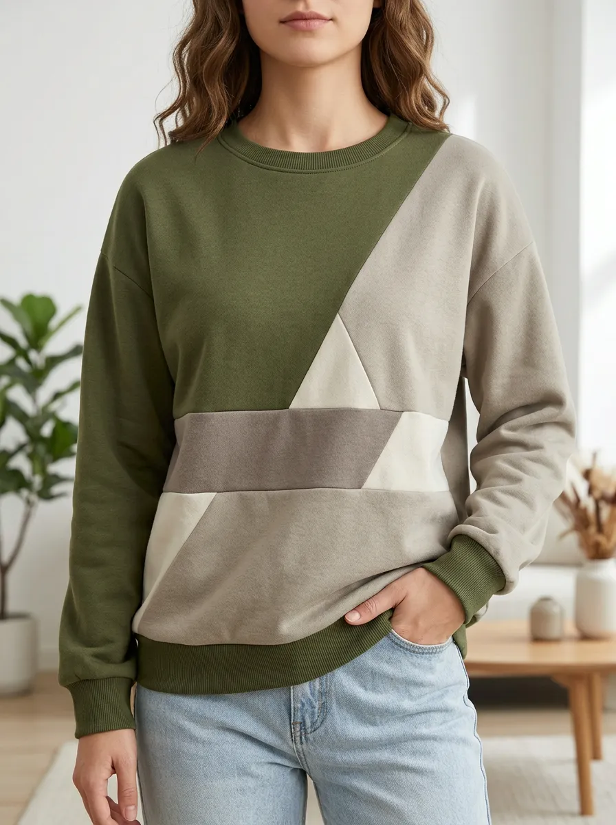 Women's Casual Style Colorblock Geometric Pattern Printed Fleece Sweatshirt